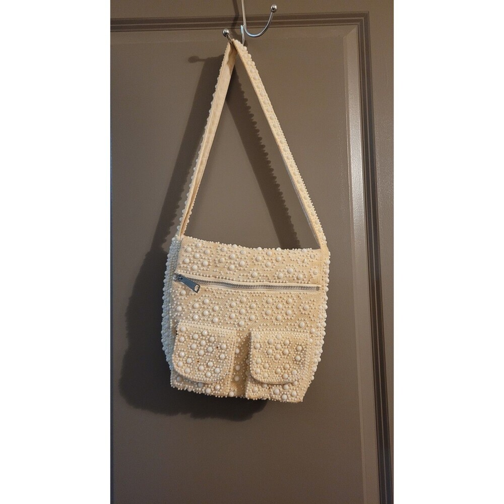 Beaded Cargo Shoulder Bag Cream Faux Pearl Vintage Y2K Maximalist Flawed*